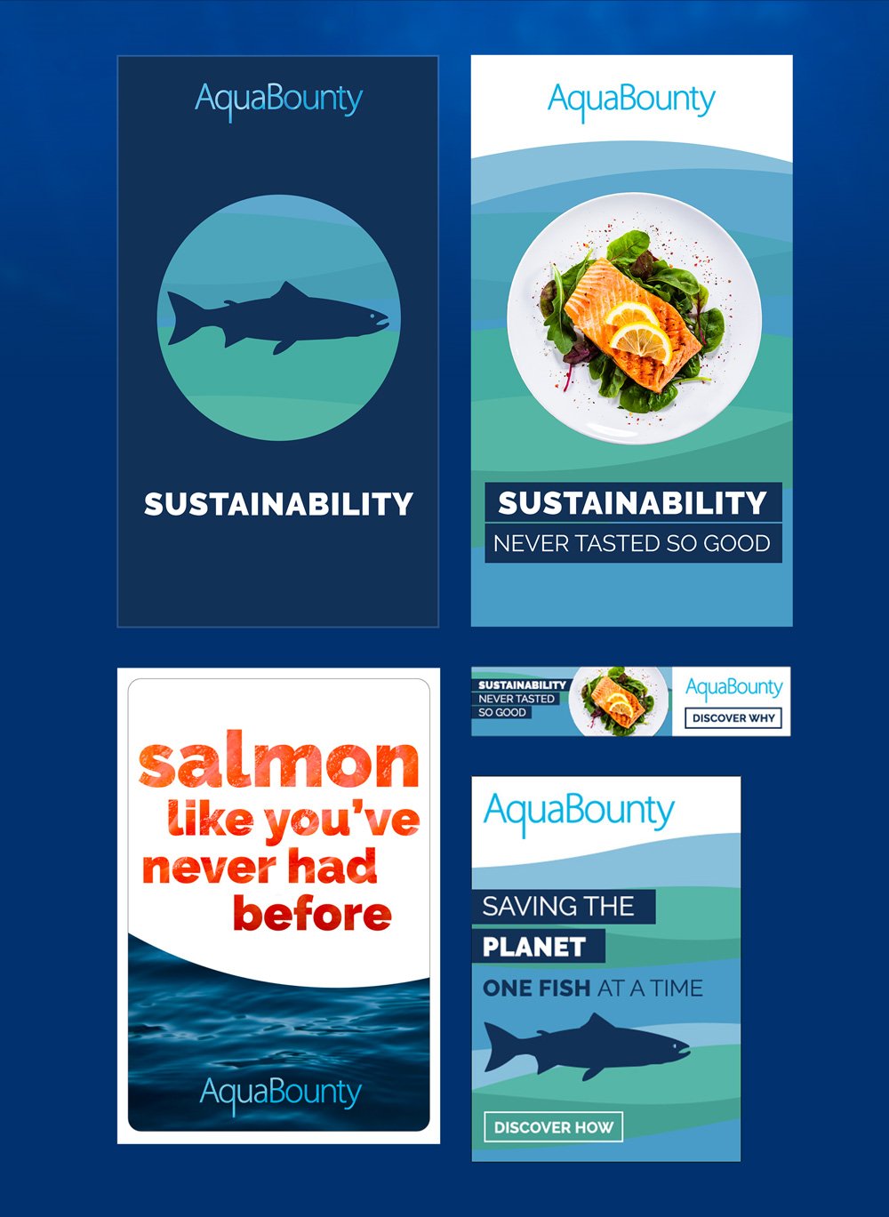 collage of five different AquaBounty ads