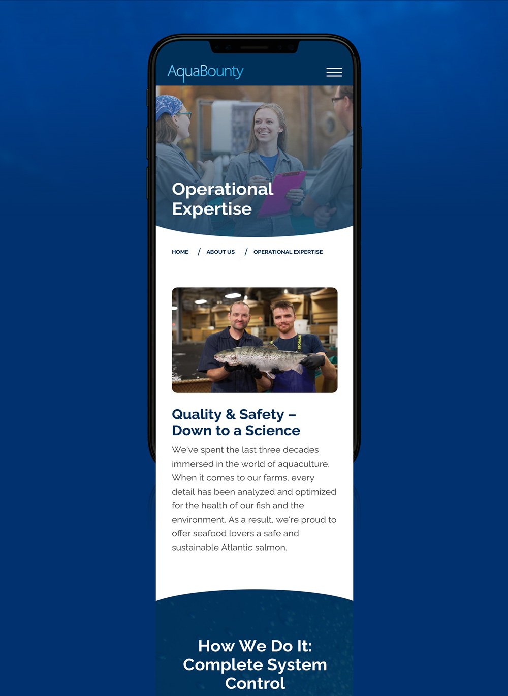 AquaBounty mobile website Operational Expertise page