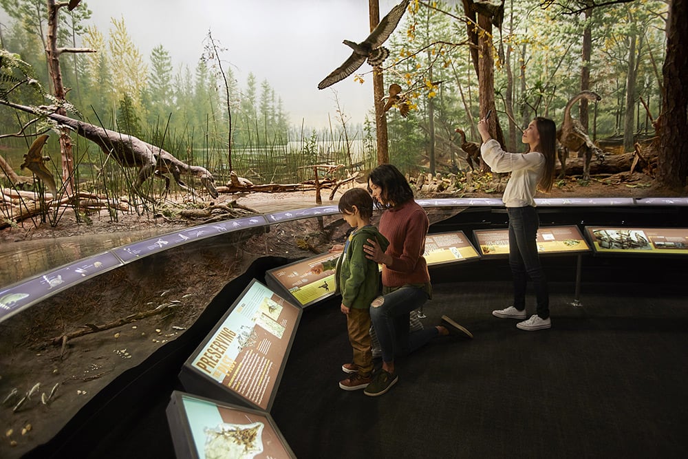 Adult woman with younger child looking at information about dinosaurs at COSI