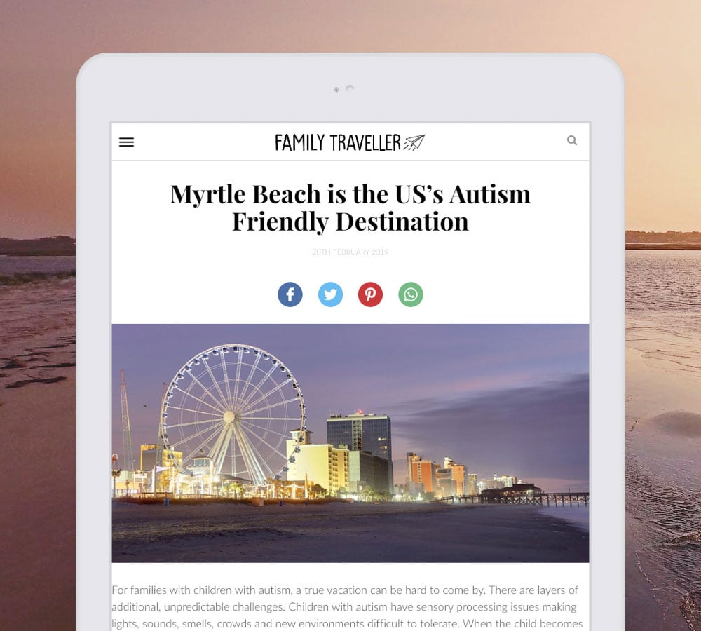 Myrtle Beach Family Traveller Article displayed on white tablet